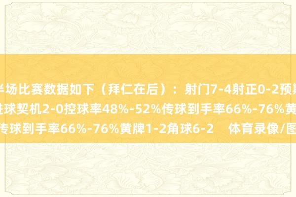 半场比赛数据如下（拜仁在后）：射门7-4射正0-2预期进球0.59-0.33进球契机2-0控球率48%-52%传球到手率66%-76%黄牌1-2角球6-2    体育录像/图片