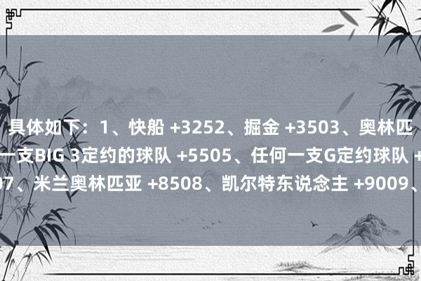具体如下：1、快船 +3252、掘金 +3503、奥林匹亚科斯 +5254、任何一支BIG 3定约的球队 +5505、任何一支G定约球队 +6006、老鹰 +8007、米兰奥林匹亚 +8508、凯尔特东说念主 +9009、猛龙 +100010、广东队 +1100    体育录像/图片