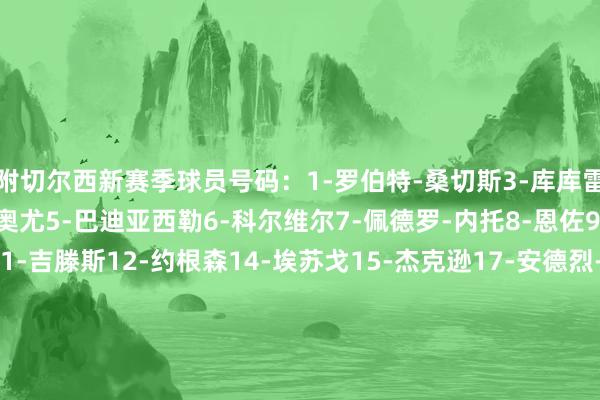 附切尔西新赛季球员号码：1-罗伯特-桑切斯3-库库雷利亚4-托辛-阿达拉比奥尤5-巴迪亚西勒6-科尔维尔7-佩德罗-内托8-恩佐9-德拉普10-帕尔默11-吉滕斯12-约根森14-埃苏戈15-杰克逊17-安德烈-桑托斯18-恩昆库20-佩德罗21-哈托23-查洛巴24-里斯-詹姆斯25-凯塞多27-古斯托29-韦斯利-福法纳30-安塞尔米诺32-泰里克-乔治34-阿奇姆蓬41-埃斯特旺44-斯洛尼