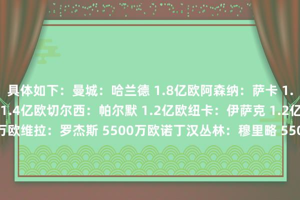 具体如下：曼城：哈兰德 1.8亿欧阿森纳：萨卡 1.5亿欧利物浦：维尔茨 1.4亿欧切尔西：帕尔默 1.2亿欧纽卡：伊萨克 1.2亿欧曼联：塞斯科 7000万欧维拉：罗杰斯 5500万欧诺丁汉丛林：穆里略 5500万欧水晶宫：埃泽 5500万欧埃弗顿：布兰斯维特 5000万欧热刺：范德文 5000万欧布莱顿：巴莱巴 4000万欧狼队：戈麦斯 4000万欧伯恩茅斯：塞梅尼奥 4000万欧西汉姆：鲍文